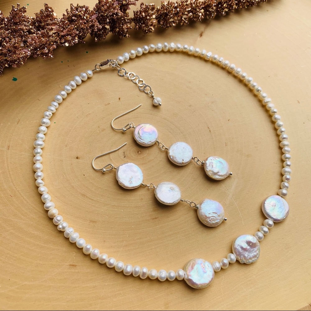Freshwater Pearl Necklace Earrings Jewelry Set